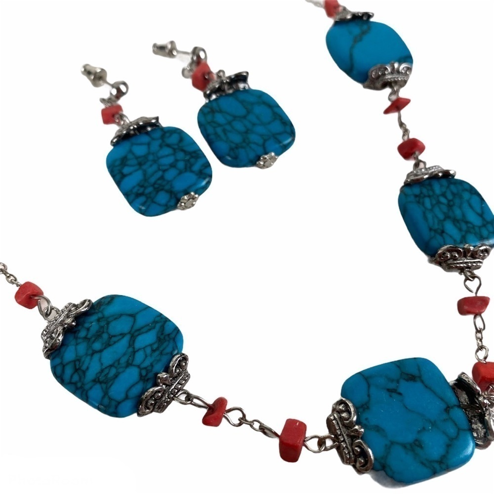 Turquoise Necklace and Earring Set Coral Silver Boho Southwestern